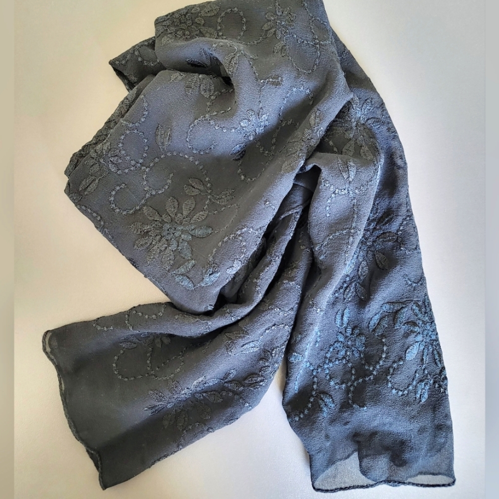 100% Silk Long Lightweight Black Embroidered Scarf
